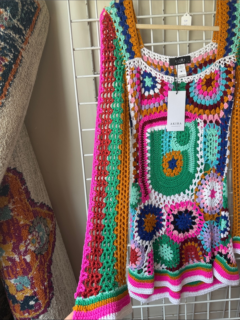 NWT AKIRA Bright Multicolor Crochet Scoop Neck Sweater Size Medium - Picture 3 of 4